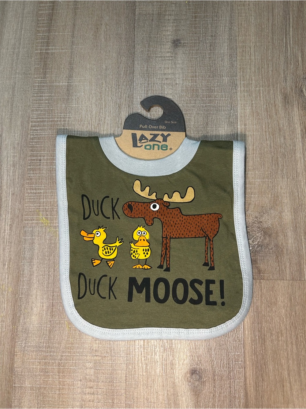 Lazy One Olive Green 'Duck Duck Moose' Pull-Over Baby Bib
